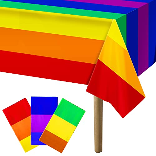 SHANGXING 3 Packs Disposable Rainbow Tablecloth-108 x 54 inches Rectangular Pride Rainbow Table Cloth Decoration - Rainbow Theme Plastic Waterproof Tablecover for Birthday Parties Gay Pride.