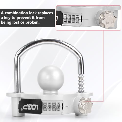 LCGP Trailer Hitch Lock with Combination Lock, Fits 1-7/8,2 and 2-5/16 Inch Couplers,Adjustable Storage Security, Heavy-Duty Steel, Silver Grey - Thumbnail 3