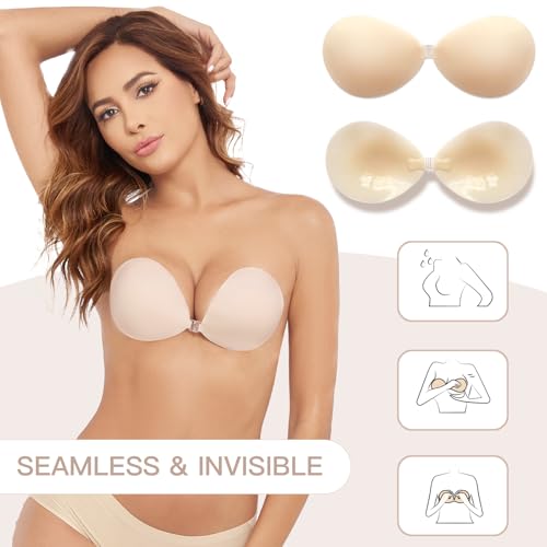 Image of MITALOO Adhesive Bra Invisible Sticky Strapless Push up Backless Reusable Silicone Covering Nipple Bras Cream