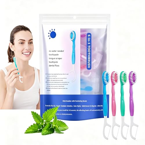 16Pcs Travel Toothbrushes Set 5 in 1 Mini Disposable Toothbrush All in One Oral Care Individually Packaged 4 Flavors Pasted Brush Floss Pick Tongue Scraper for Travel or Work