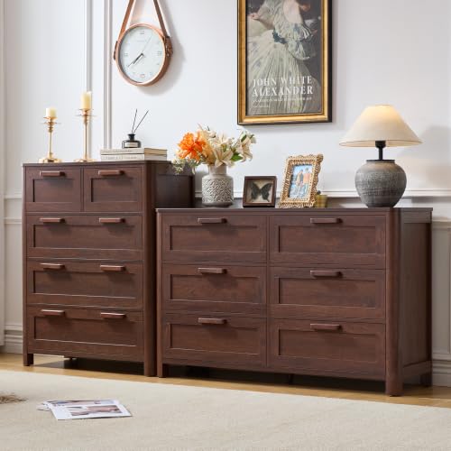 Image of Joaxswe Farmhouse 6 Drawer Dresser for Bedroom, Horizontal Dressers with 6 Deep Drawers & 4 Thickened Table Legs & Round Table Corner, Walnut
