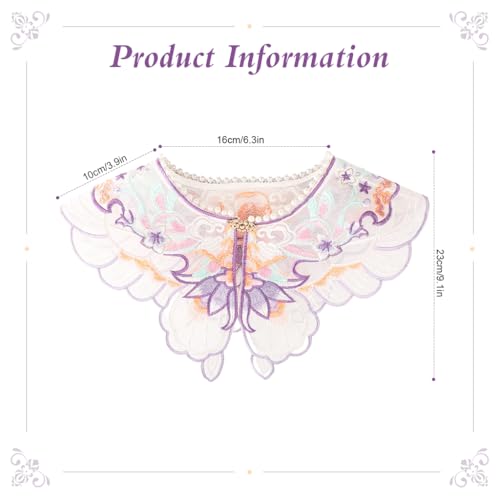 Image of SANNIDHI Sheer Butterfly Embroidered Detachable Collar Shawl, Faux Pearl Clasp Lace Capelet, Colorful Embroidery False Collar Neck Accessory for Dresses, Weddings & Formal Wear