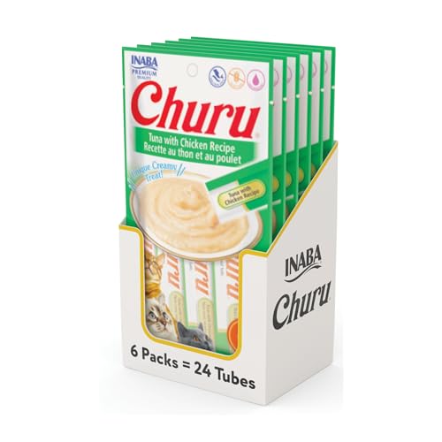 Image of INABA Churu Cat Treats, Lickable, Squeezable Creamy Puree Cat Treat with Green Tea Extract & Taurine, 0.5 Ounces Each Tube, 24 Tubes (4 per Pack), Tuna with Chicken Recipe