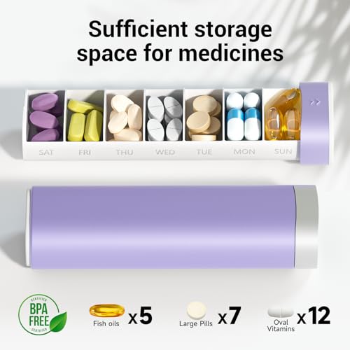 Image of Betife Travel Pill Organizer Weekly 7 Day, Compact Daily Pill Box, Portable Medicine Case for Vitamins Supplements, Drawer-Shaped (Purple)