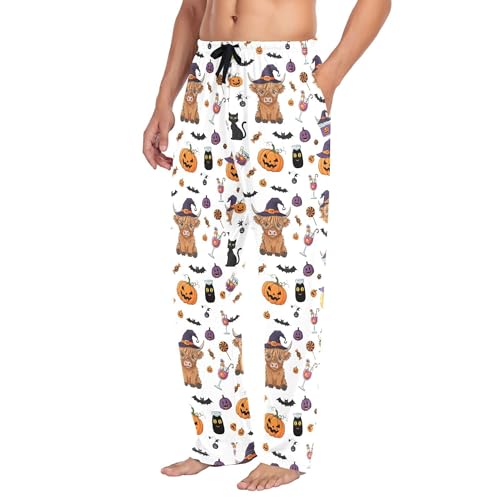 Men's Pajama Bottom Highland Cow Witches Hat Halloween Cotton Pajama Pants Drawstring Sleepwear Long Pants Pockets4
