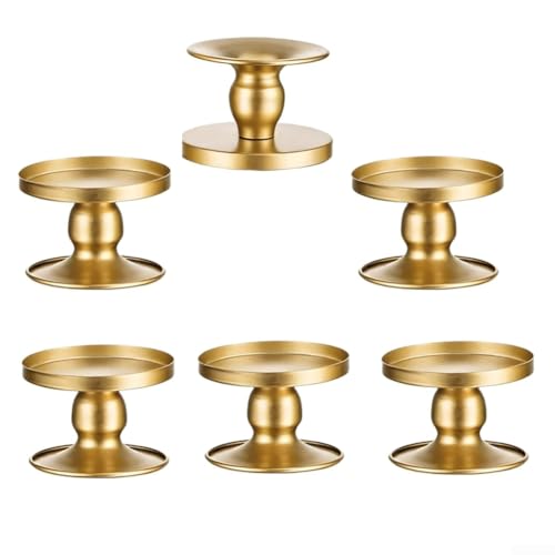 Juego de candelabros de hierro con diseño dorado contemporáneo, portavelas funcionales para el hogar, la oficina y ocasiones especiales como bodas y celebraciones (6 piezas)