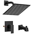 Homevacious Matte Black Shower Faucet Set 8 Inch Square Rainfall Shower Head with Tub Spout Bathtub Shower System Wall Mounted Stainless Steel Shower Combo Set Rough-in Valve Body Trim Included