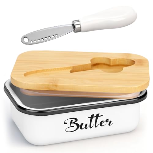 TOSUTO Beurrier en Porcelaine - Boite A Beurre Avec Couvercle En Bois et couteau intégré,Conteneur de Beurre 450g,boite beurres multifonction pour la cuisine...