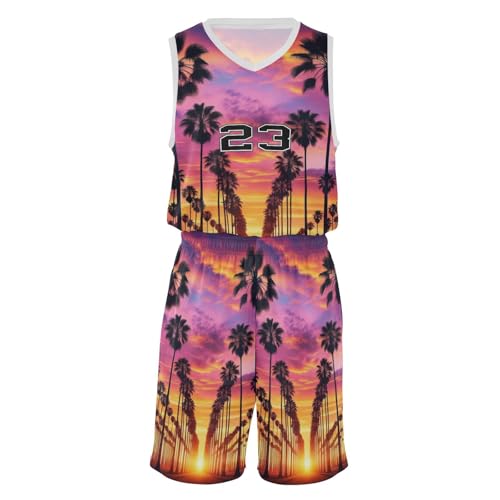 FLildon Palm Trees Sunset Landscape Boys Basketball Jersey Set Tank Top Shorts Tracksuit Sport Training Suit for Kids