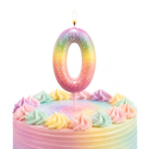 Image of Wanna Party Glitter Number 0 Cake Candle, Rainbow Sparkle Birthday Cake Topper Candle for Kids Birthday, Anniversary, Milestone Celebration, Party Cake Decoration - 1 Pc