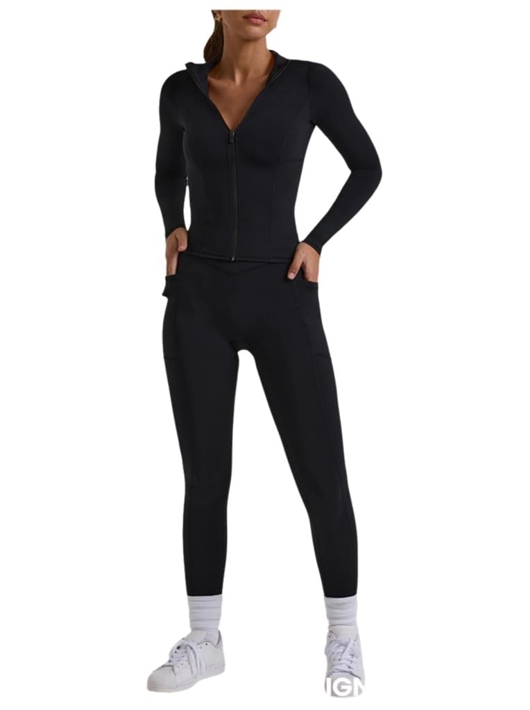 Wuitrie Womens 2 Piece Yoga Set Full Zip Long Sleeve Crop Top High Waist Pocket Leggings Gym Workout