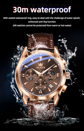 Image of OLEVS Men's Leather Analog Quartz Watch - Luxury Chronograph Wristwatch with Date, Waterproof, Luminous - Dress Style