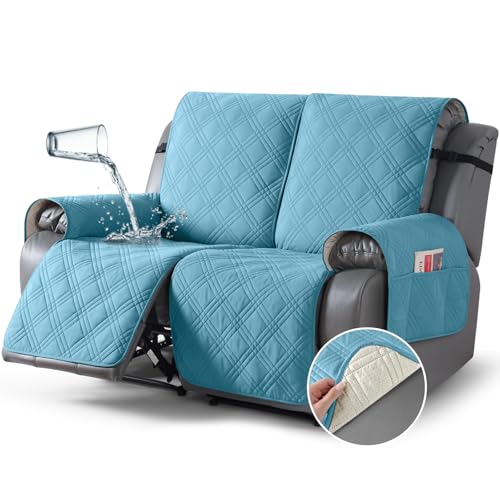 Image of TAOCOCO 100% Waterproof Loveseat Recliner Cover, Non Slip Split Recliner Couch Cover with Elastic Straps, Washable Reclining Sofa Cover Furniture Protector for Kids, Pets(2 Seater, Sky Blue)