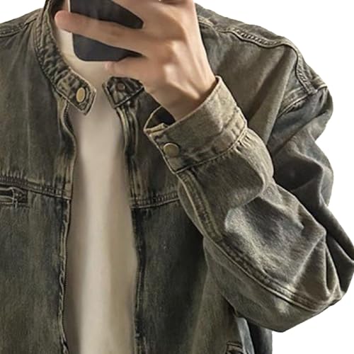 Men's Banded Collar Denim Jacket Distressed Moto Button Down Denim Shirt Full Zip Long Sleeve Winter Jacket2
