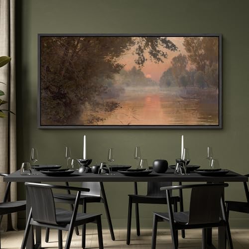 Image of MUDECOR Extra Large Framed Canvas Print Wall Art Serene River Sunset Reflection Soft Nature Landscape Antique Retro Ready to Hang Painting for Living Room Bedroom Multi-Sizes - 60 inchx30 inch