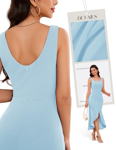 Image of Dressystar 2026 Women's Square Neck Bodycon Sleeveless Cocktail Dresses | wedding guest dresses for women, midi length, formal party dress, soft breathable stretchy material, slit ruffle hem design