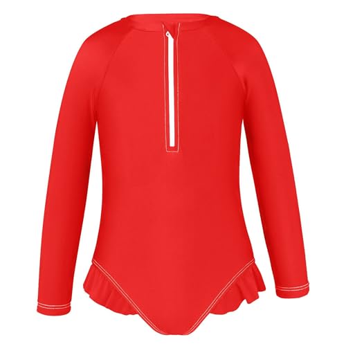 Red Girls Long Sleeve Rashguard Swimsuit UV Protection One-Piece Swimwear Bathing Suit Red2
