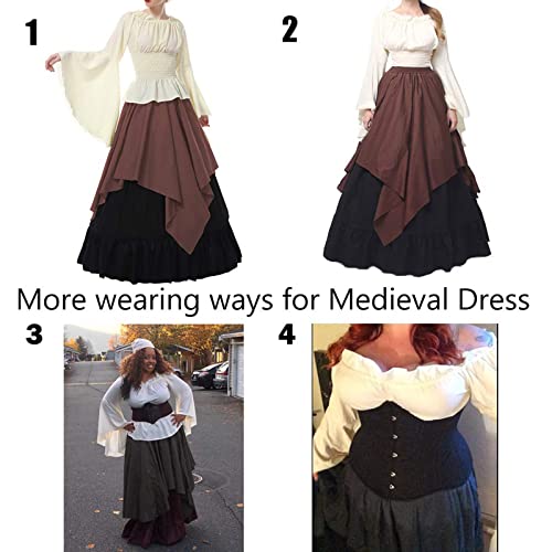 Fiamll Renaissance Kleid Damen Mittelalter Kleidung Damen Kostüme Fasching Kleid Set Grün+ Braun S(Top und Rock)