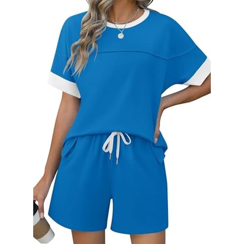 Rapbin Comfy Summer Sets with Pockets Loose Fit Color Block Design Matching 2 Piece Sets with Drawstring Waist Cb-bright Blue White Medium