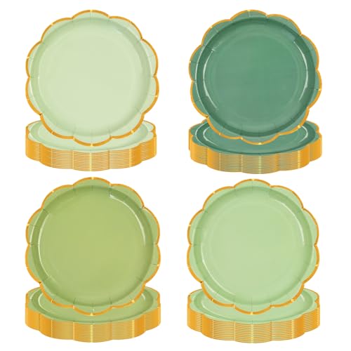Lot de 48 assiettes à dessert jetables vert sauge de 18 cm, avec dégradé de feuille d'or en forme d'éventail, pour enterrements de vie de jeune fille, baby...