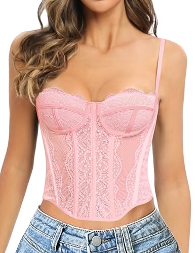 GainKee Lace Corset Tops for Women Lace Bustier Corset Top with Straps Women Corset Going Out Party Crop Top(Small,Pink