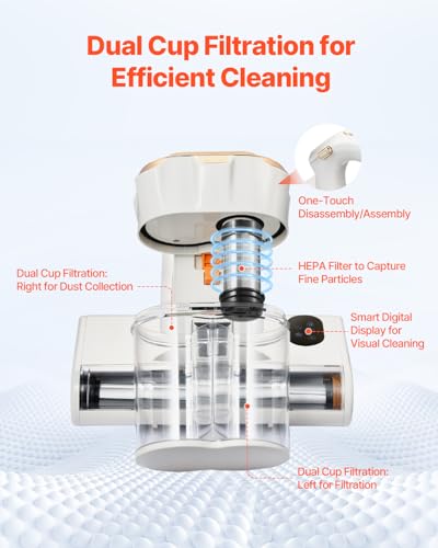 Image of VEVOR Mattress Vacuum Cleaner, 550W Bed Vacuum Cleaner with 18Kpa Powerful Suction and Dual Dust Bin, HEPA Filter & Heating, Ultrasound Tech & Cleaning Lights, Handheld for Bed, Sofa, Corded, White