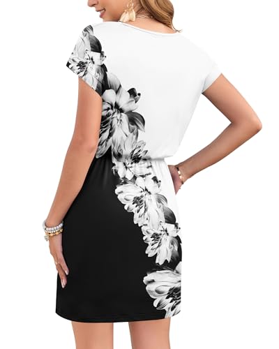 Image of AUSELILY Womens Summer Mini Dress, Short Sleeve V Neck Drawstring Casual | Soft smooth drape with an adjustable drawstring waist for beach, casual outings and daily wear