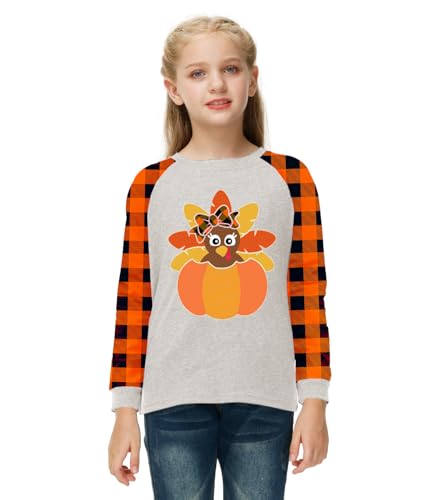 Image of Remimi Girls Thanksgiving Shirts Buffalo Plaid Raglan Tee Cute Turkey Holiday Party Long Sleeve Tshirt 5-14 Years