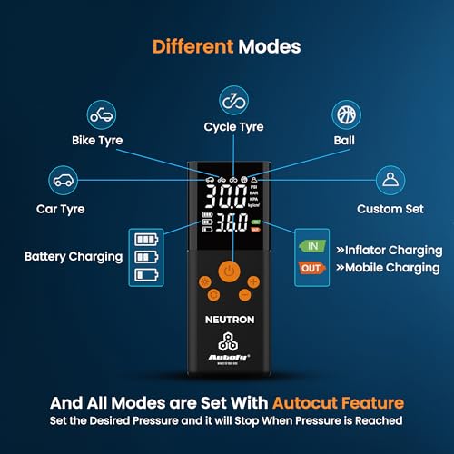 Image of Autofy NEUTRON 2 Years WARRANT'Y with Dual Power Mode Cordless & 4Mtrs Power Cord [22mm Cylinder Most Heavy Duty] Car Tyre Inflator Pump - 6000mAH Mobile Powerbank - 150 PSi - 4 Mins Fast Inflation