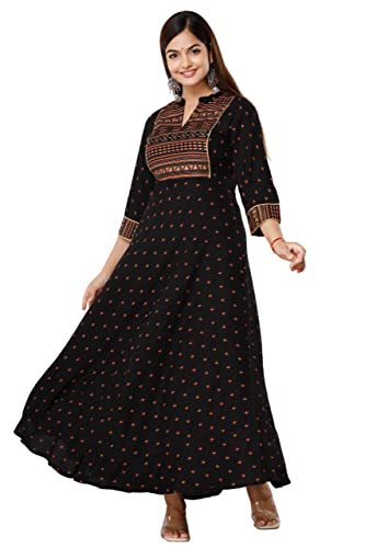 rytras Women’s Rayon Printed Anarkali Kurti (RYT308_Black_Medium)