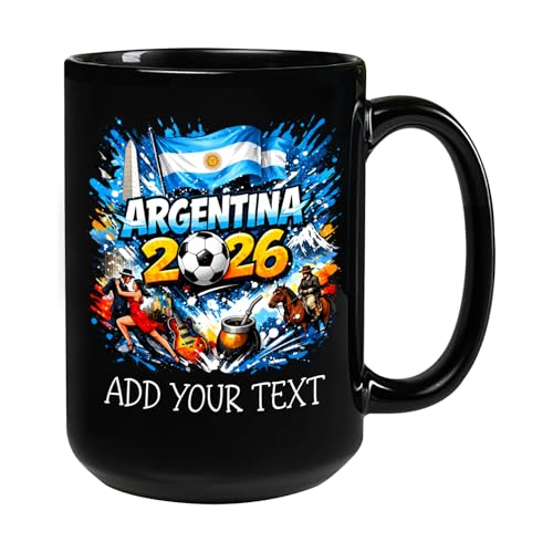 Gressty Argentina Flag Ceramic Cup, Personalized Argentinian Soccer Mugs, Football Pride Mug Gifts For Men Women, Customized Text Argentina Football Player Cups, Soccer Supporter Black Mug 11oz 15oz
