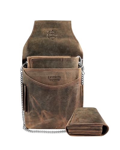 LEONARDO VERRELLI Kellner Geldbörse aus Leder Kellnerbörse Taxi Gastronomie Geldbeutel Damen Herren Portemonnaie mit oder ohne Holster Steck-Tasche mit Kette und großem Münzfach (Braun)