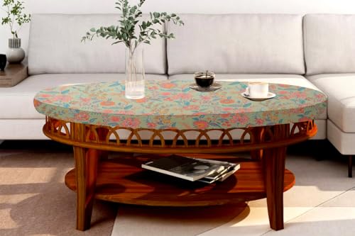 Image of The Furnishing Tree Elastic Cotton Oval Center Table Cover 16x48 in Inches Floral Multicolor on Green Base