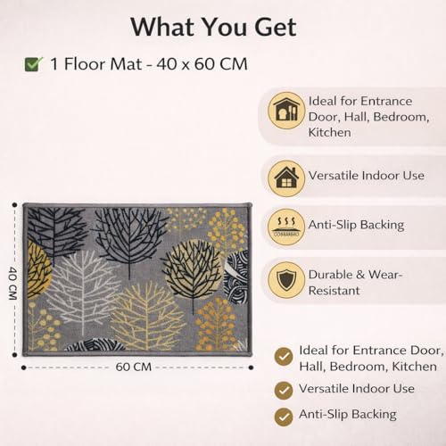 Image of Matz & More Nylon Tufted Gel Baking Anti-Slip Floor Mat | 40 x 60 cm | Grey & Orange Floral Design | Doormat for Home Entrance, Kitchen & Bedroom