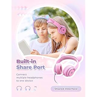 iClever Casque Audio Enfant à Oreilles de Chat Lumineuses LED avec Microphone, Port partagé, Volume limité à 94dB pour… – Image 3