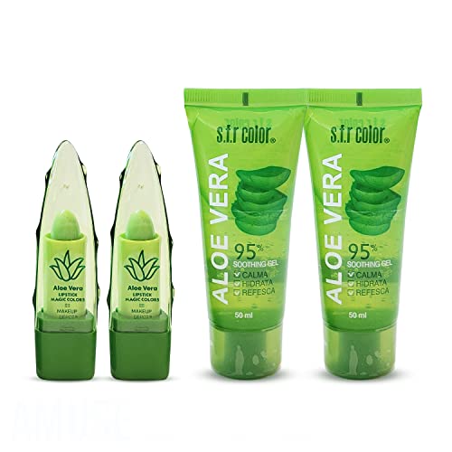 Dealplusdeal Aloe Vera 2 Pieces Magic Colors Changing Moisturizing Lipstick And 2 Pieces Aloe Vera Soothing Gel For Skin Hair Face Set #TOP5