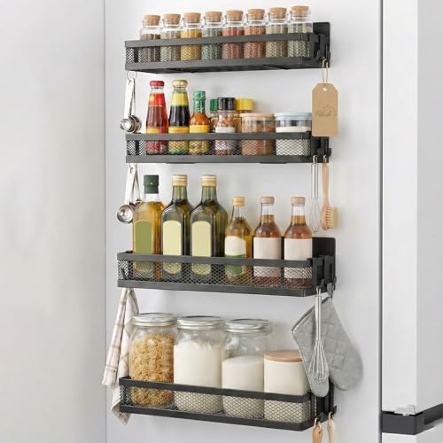 Ribech Porte-épices Magnétique pour réfrigérateur, Pack de 4, Organisateur avec 8 Crochets Mobiles, Étagère Magnétique pour Rangement de Cuisine, Noir