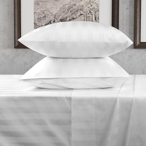 URBANHUT 800 Thread Count Egyptian Cotton Twin Size Damask Striped Sheets Set (4 Pc) - Ultra Soft & Smooth, Thick & Crisp Sateen Weave Twin Bedsheets, Fits Upto 16" Mattress - White