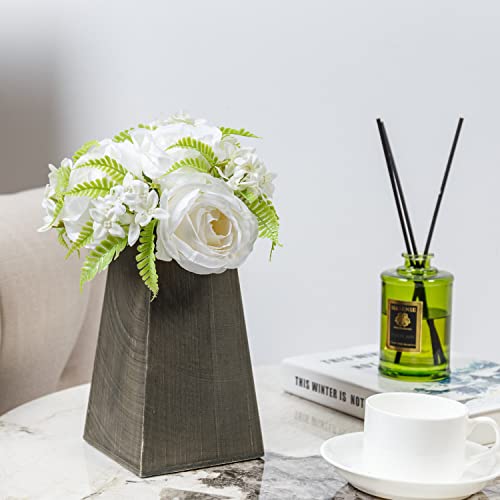 Mygift Decorative Artificial White Rose Bouquet Arrangement Fake Flowers For Decoration In Vintage Gray Brown Tapered Wood Vase #TOP2