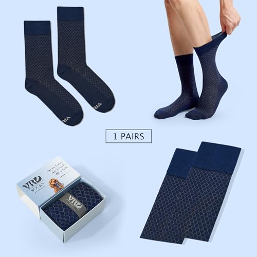 VRD Bamboo Mens Dress Socks for Men, 1-Pack, Blue Navy Crew Length Mid-Calf Socks, Mens Shoe Size 8-132