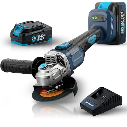 Image of Tomahawk PGR-4995 20V Brushless Cordless Angle Grinder - Mini Angle Grinder with 2x4.0Ah Batteries & Charger | 4 Inch Disc | 2-Speed up to 9,000 RPM | Trigger Lock