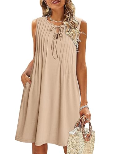 Image of Glamaker Womens Summer Dresses - 2025 Sleeveless Cute Bow Tie Mini Dress Front Pleated Beach Casual Sundresses with Pockets