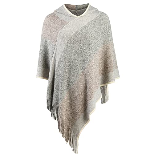 Image of Women's Elegant Knitted Shawl Poncho with Fringed V-Neck Striped Sweater Pullover Cape Gifts for Women Mom