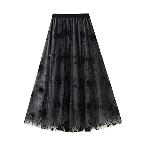 Falda de tul elástica con estampado floral de 3 capas, Flor Gris Negro Cover