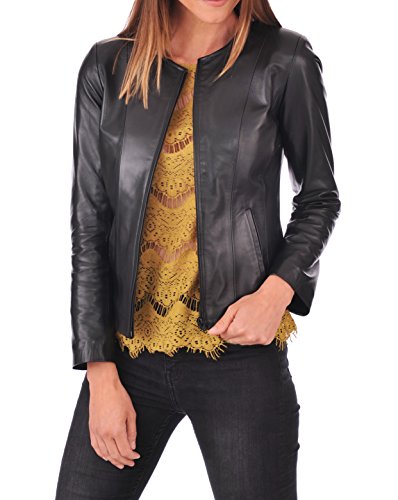 D DOLLY LAMB Women's Lambskin Leather Moto Biker Jacket - Winter Wear - Round Neck Collar Black 08 - Medium