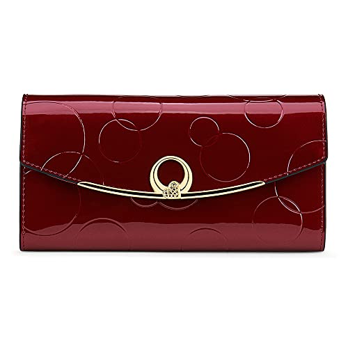 RFID Blocking Genuine Leather Wallet for Women Large Capacity 3-Fold Magnetic Closure Embossed Pattern Anti-Theft (Wine Red)