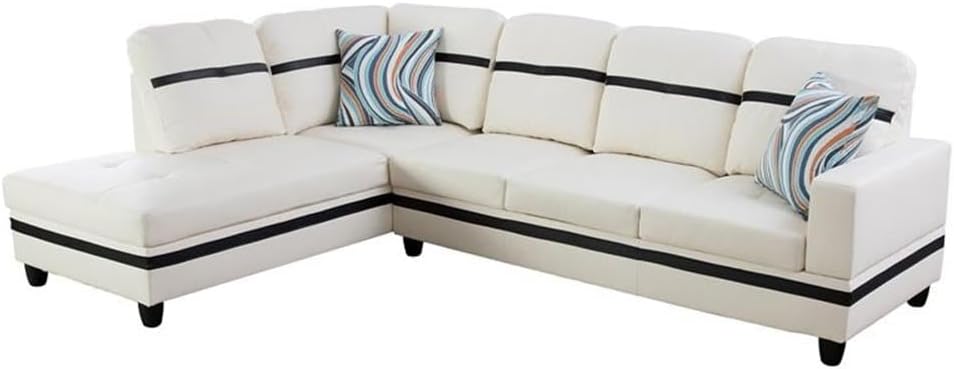 Pemberly Row Contemporary Left Sectional Sofa, Faux Leather, White and Black Finish, 103.5" W x 74.5" D x 35" H, Modern Design, Includes Chaise and Toss Pillow, Living Room Seating