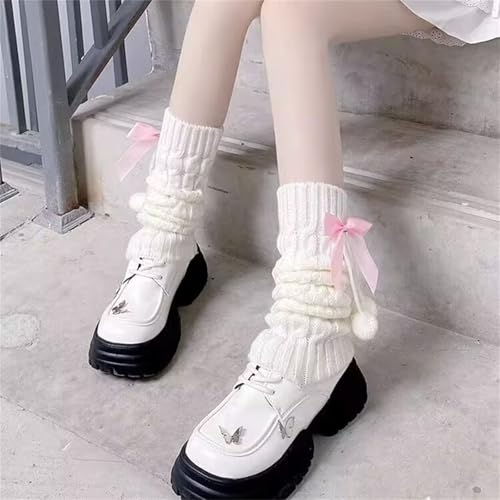 Image of Lolita Knit Leg Warmers Ribbon Bow Knot Japanese Cable Knit Footless Boot Socks Kawaii Leg Sleeves