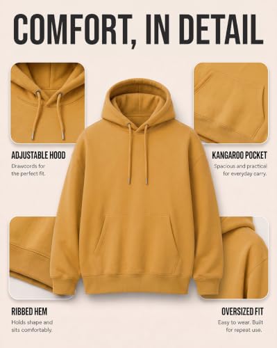 Image of NOBERO Oversized Solid Hooded Sweatshirt for Men | Oversized Hoodie for Men | Hooded Pullover | Cotton Rich Printed Hoodie 280 GSM Fleece