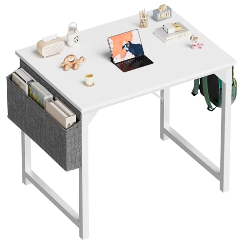 Shahoo Computer Desk 32 Inch Small Office Writing Work Study Kids Student Bedroom Wood Modern Simple Table with Storage Bag & Headphone Hooks, Milk White